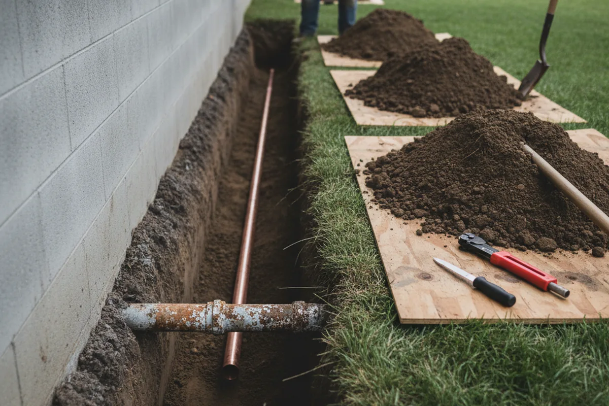Excavated water line trench during Sewer Line Repair in Apollo